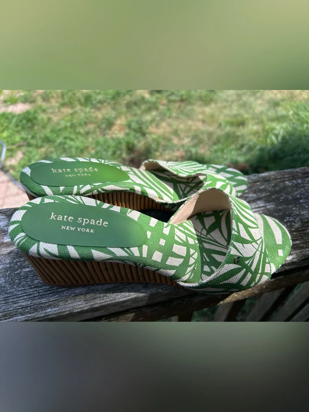 Kate Spade Meena Palm Green Canvas Bamboo Wedge Sandals Size 9